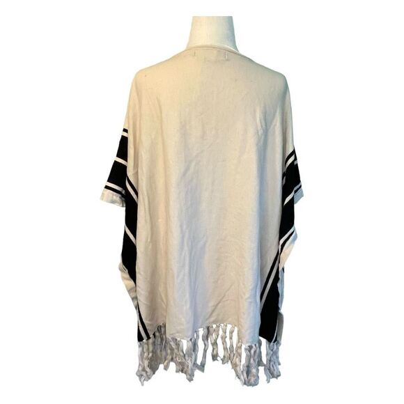 Forever 21 Fringe Kaftan Poncho Sweater Cream Black Striped Knit V-Neck S - Picture 4 of 5